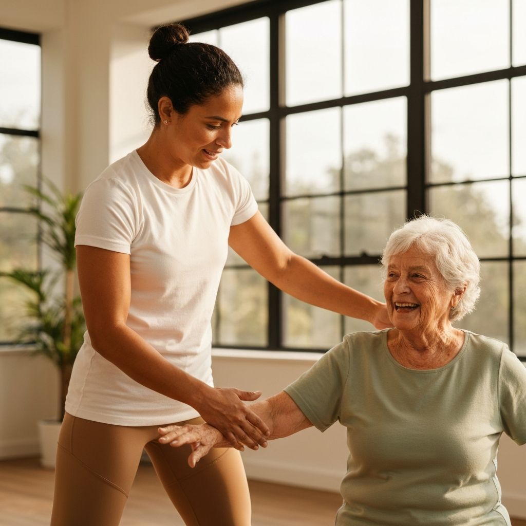 Personal trainer atendendo cliente idoso com atenção e cuidado